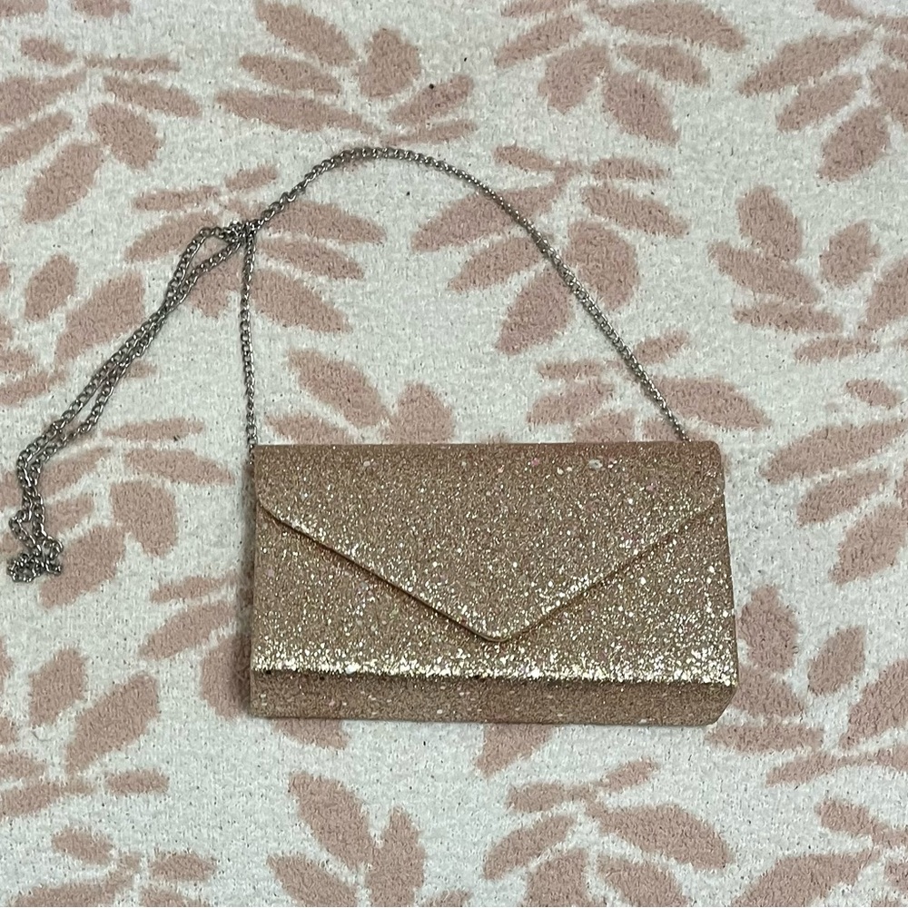 Gold and Pink Glitter Clutch with Chain Strap